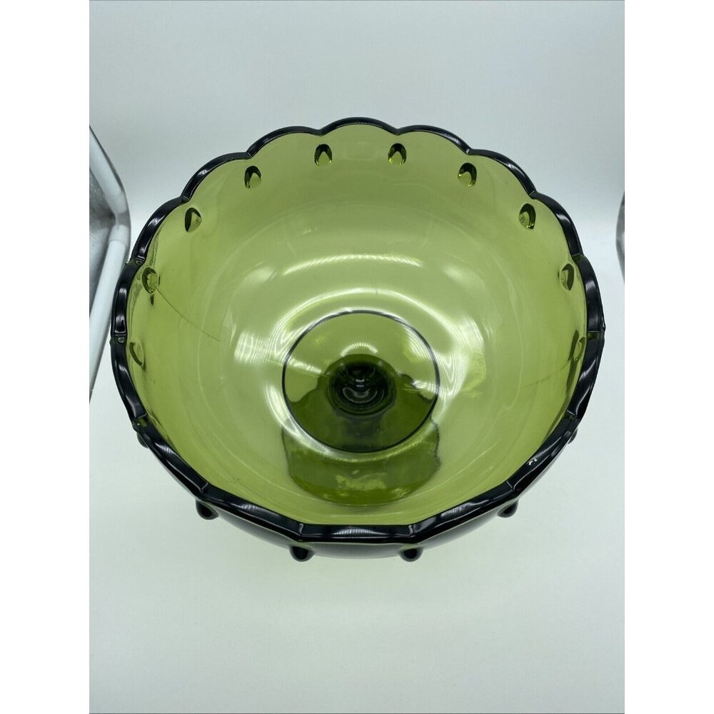 Indiana Glass Teardrop Olive Green Footed Compote 7.75" Tall 7.5" Diameter 1960s - Picture 6 of 9